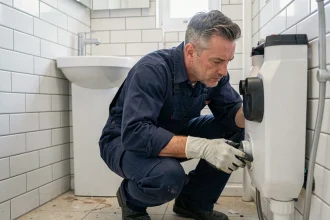 Plombier professionnel inspectant un sanibroyeur dans une salle de bain résidentielle moderne