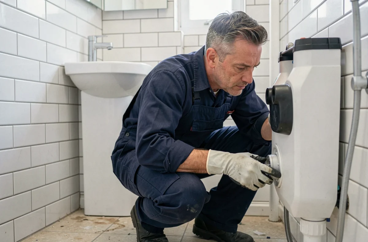 Plombier professionnel inspectant un sanibroyeur dans une salle de bain résidentielle moderne
