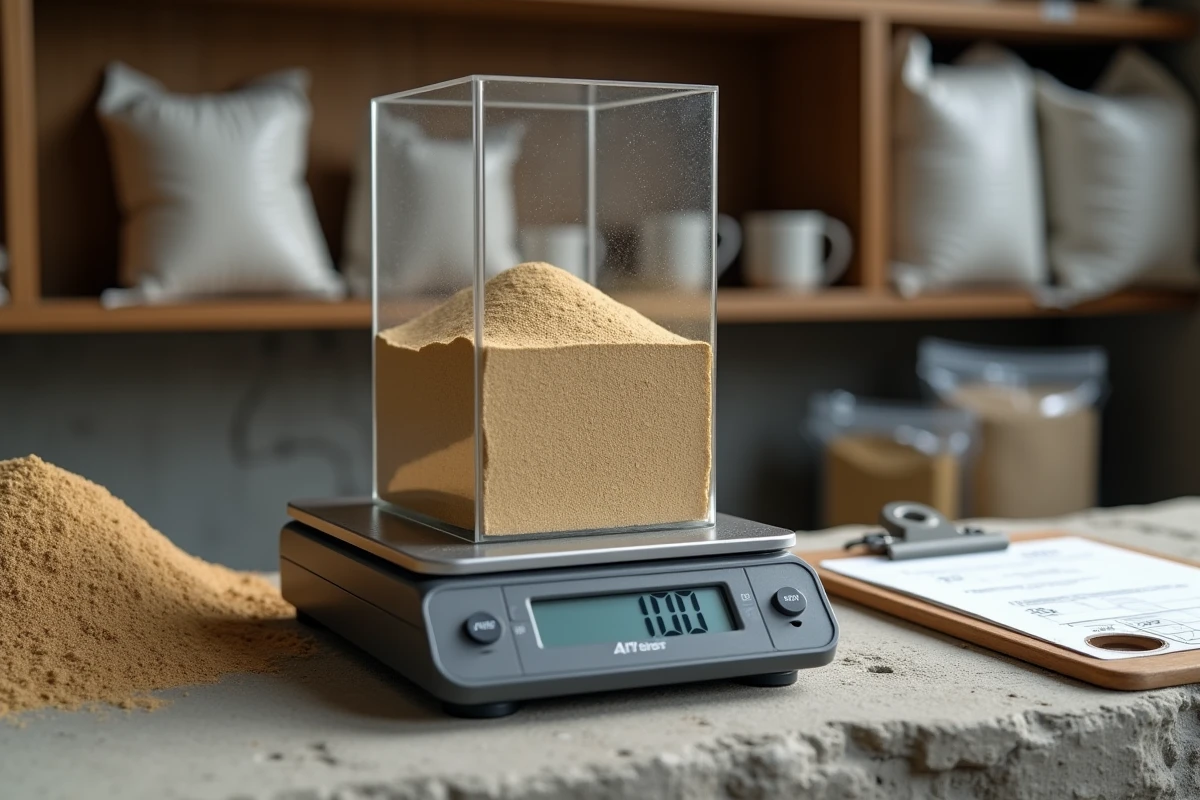 Balance numérique pesant du sable de construction dans un atelier de maçonnerie pour calculer le poids au mètre cube