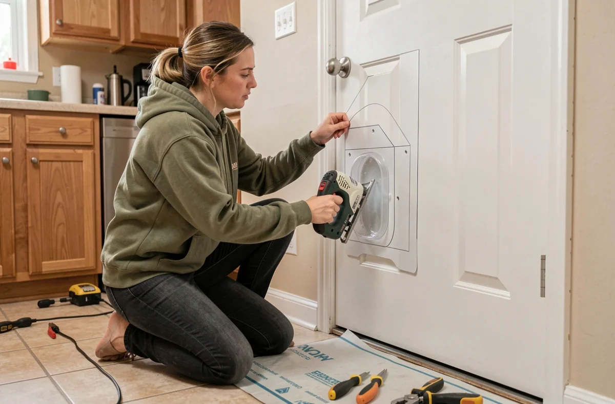 Femme réalisant elle-même l'installation d'une chatière dans une porte PVC blanche dans une cuisine