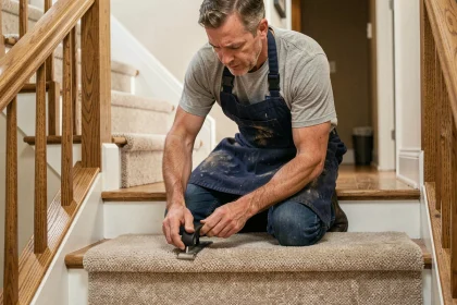 Poseur professionnel installant une marche en moquette sur un escalier en bois avec un outil de découpe, vue en plongée légère