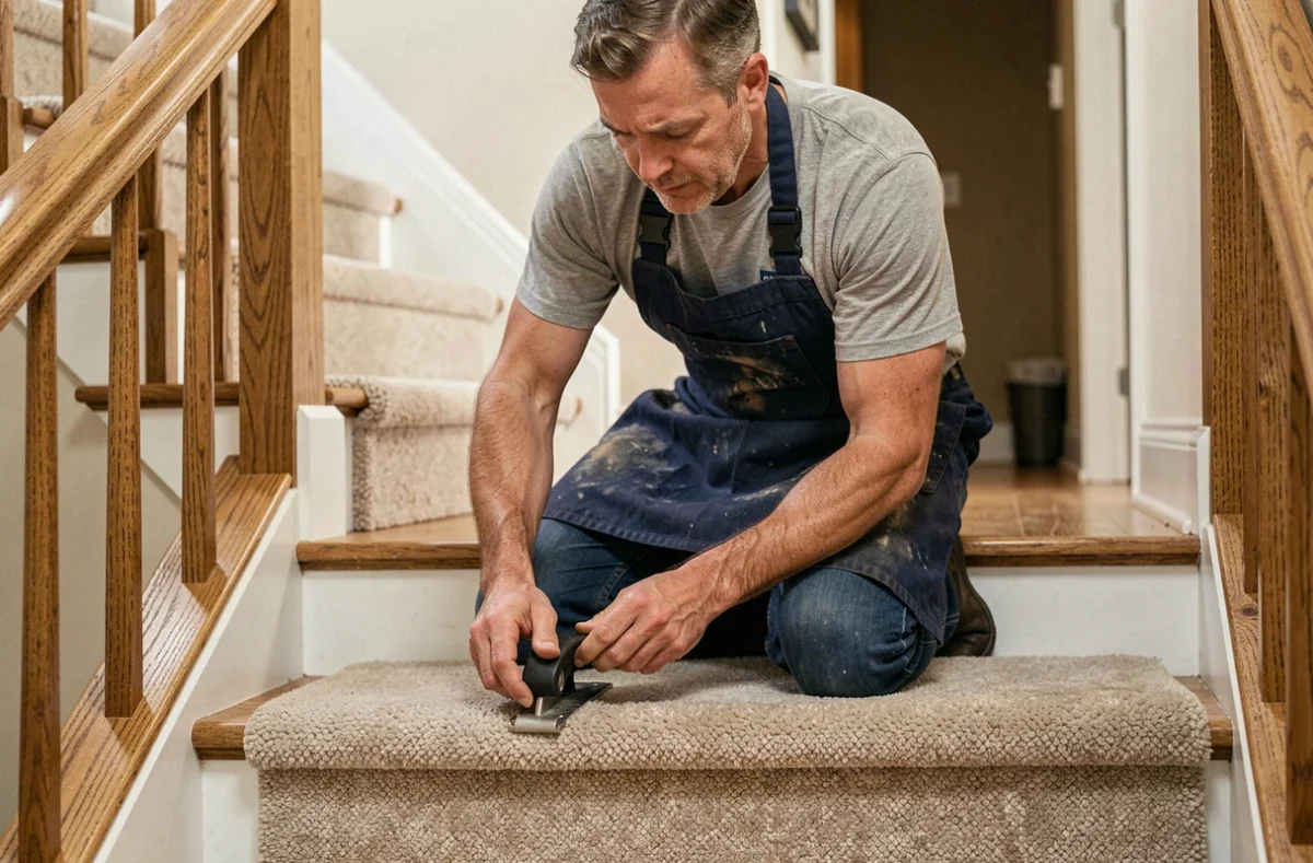 Poseur professionnel installant une marche en moquette sur un escalier en bois avec un outil de découpe, vue en plongée légère