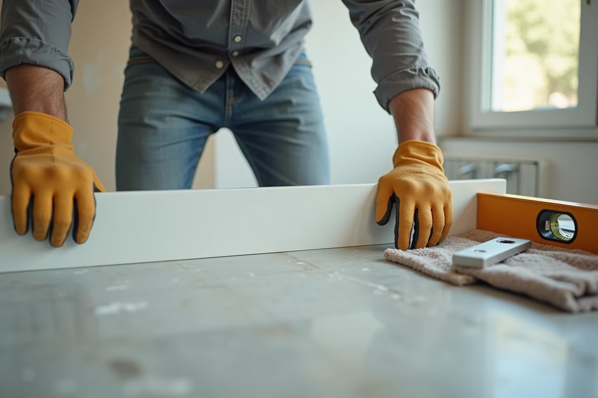 Pose d'une plaque PVC spéciale salle de bain sur un mur de douche par un artisan professionnel lors d'une rénovation