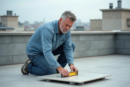 Homme moyenâge en jeans pose carrelage sur terrasse urbaine