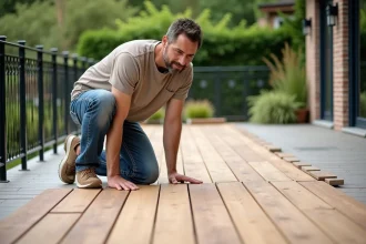 Homme posant des tuiles en bois sur une terrasse extérieure
