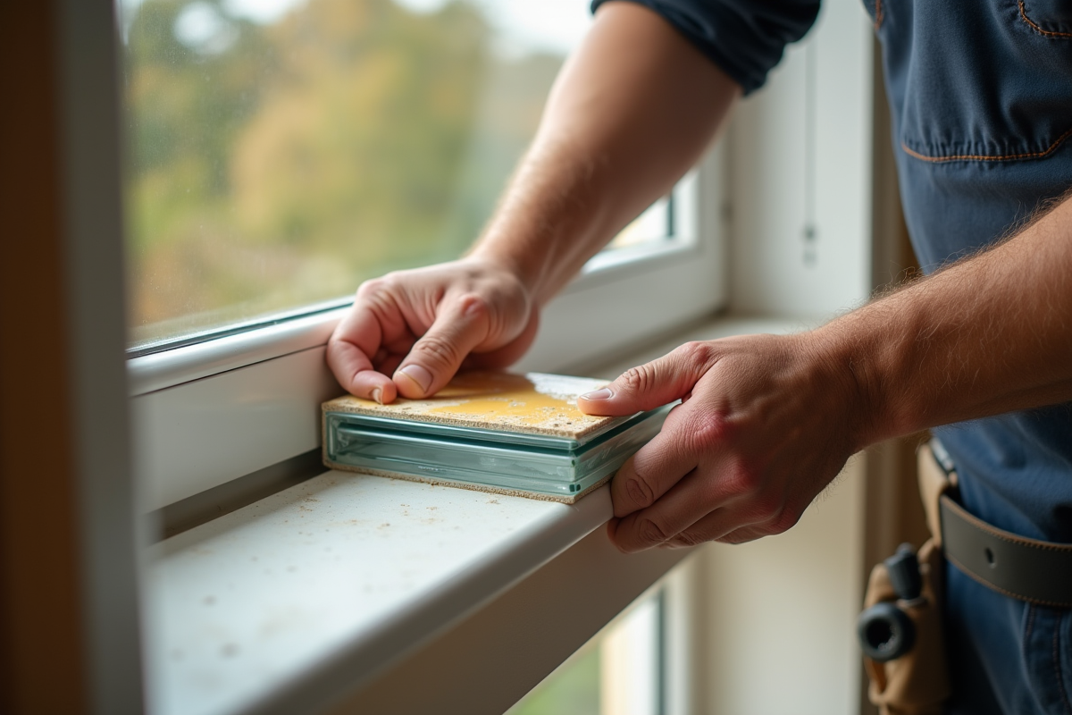 Artisan installant des vitres à double vitrage dans une maison