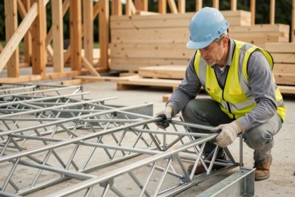 Ingénieur examinant une poutre POSI à treillis ouvert sur un chantier de construction résidentiel