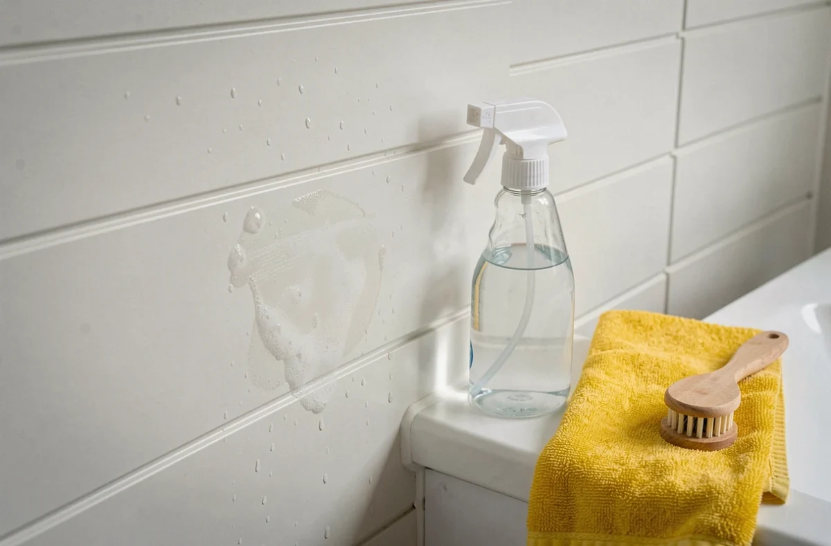 Produits d'entretien pour dalle murale PVC salle de bain posés sur un lavabo en céramique