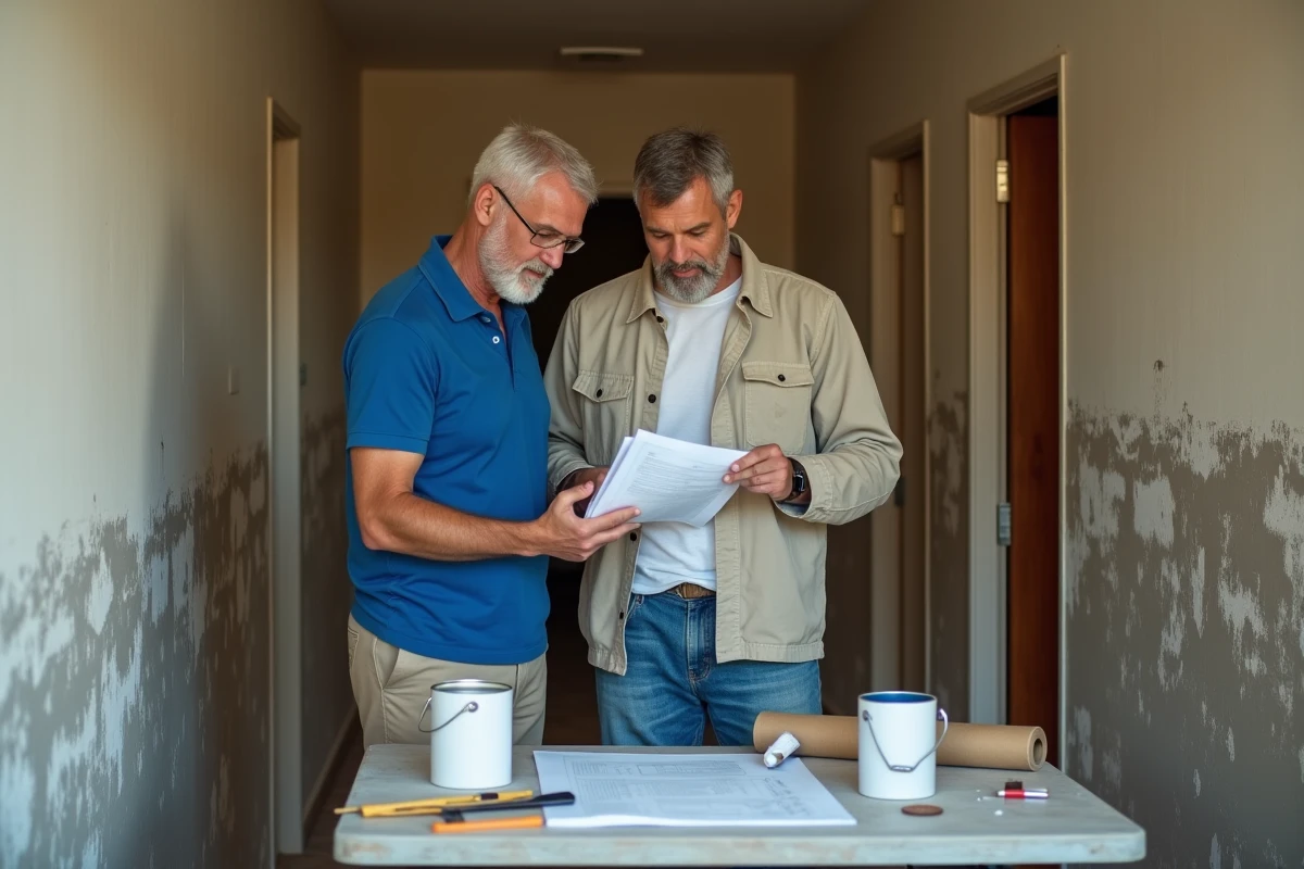 Deux professionnels du bâtiment comparant une estimation de travaux et des devis dans un couloir en rénovation