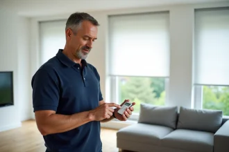 Technicien programmant une télécommande Somfy RTS pour synchroniser des volets roulants dans un salon moderne