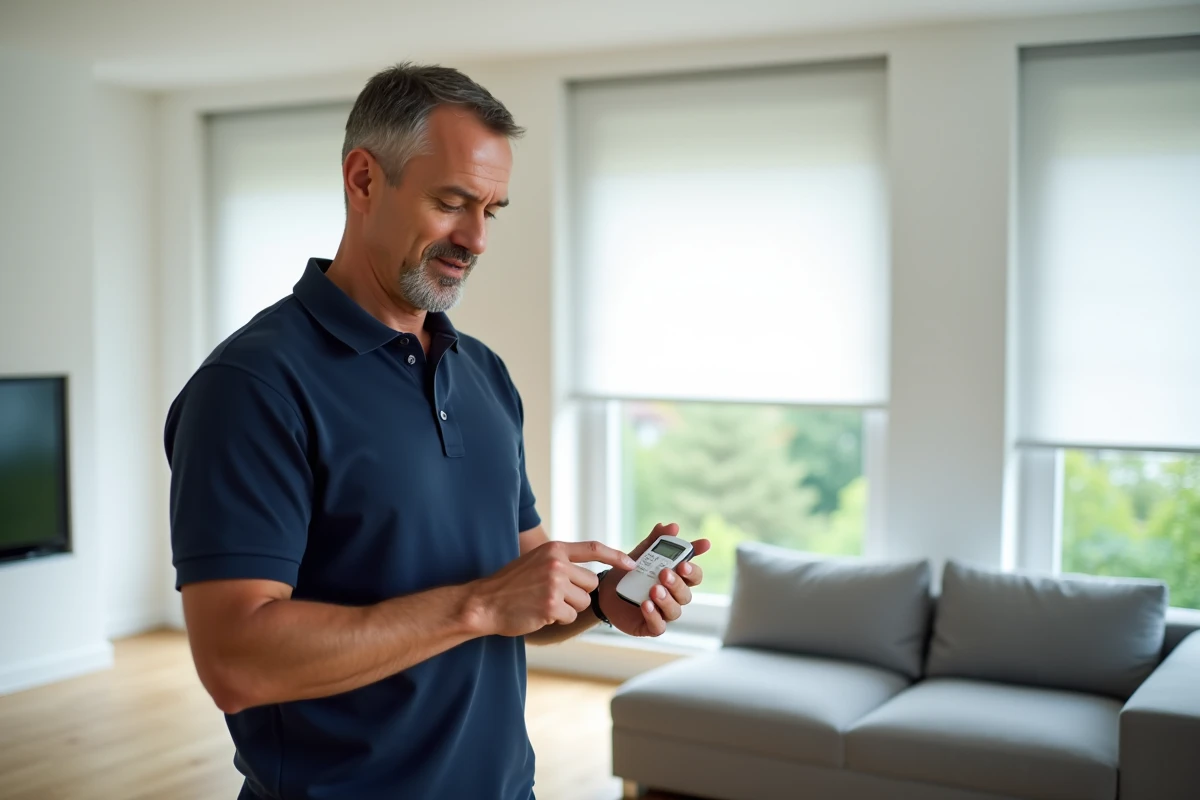 Technicien programmant une télécommande Somfy RTS pour synchroniser des volets roulants dans un salon moderne