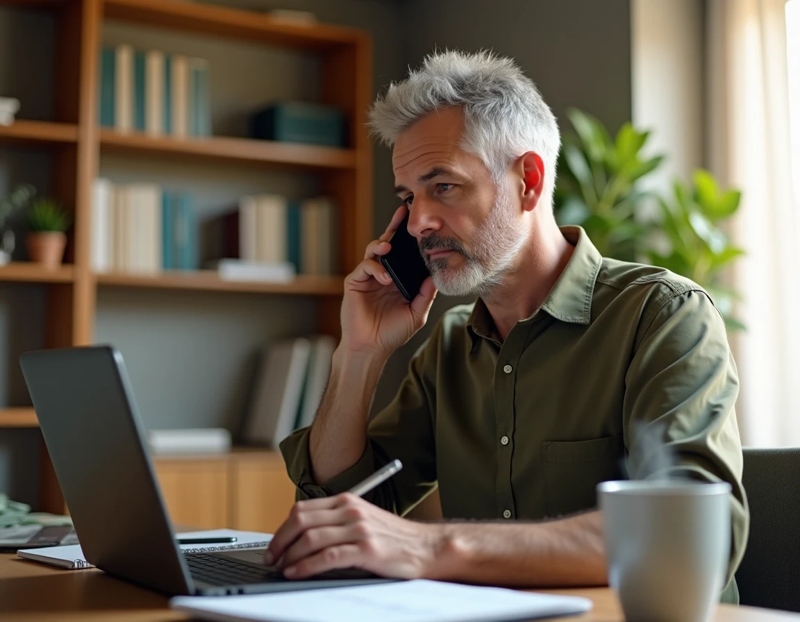 Propriétaire comparant des devis de travaux en ligne depuis son bureau à domicile