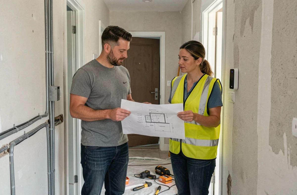 Propriétaire et électricienne discutant d'un plan d'installation domotique dans un couloir en rénovation