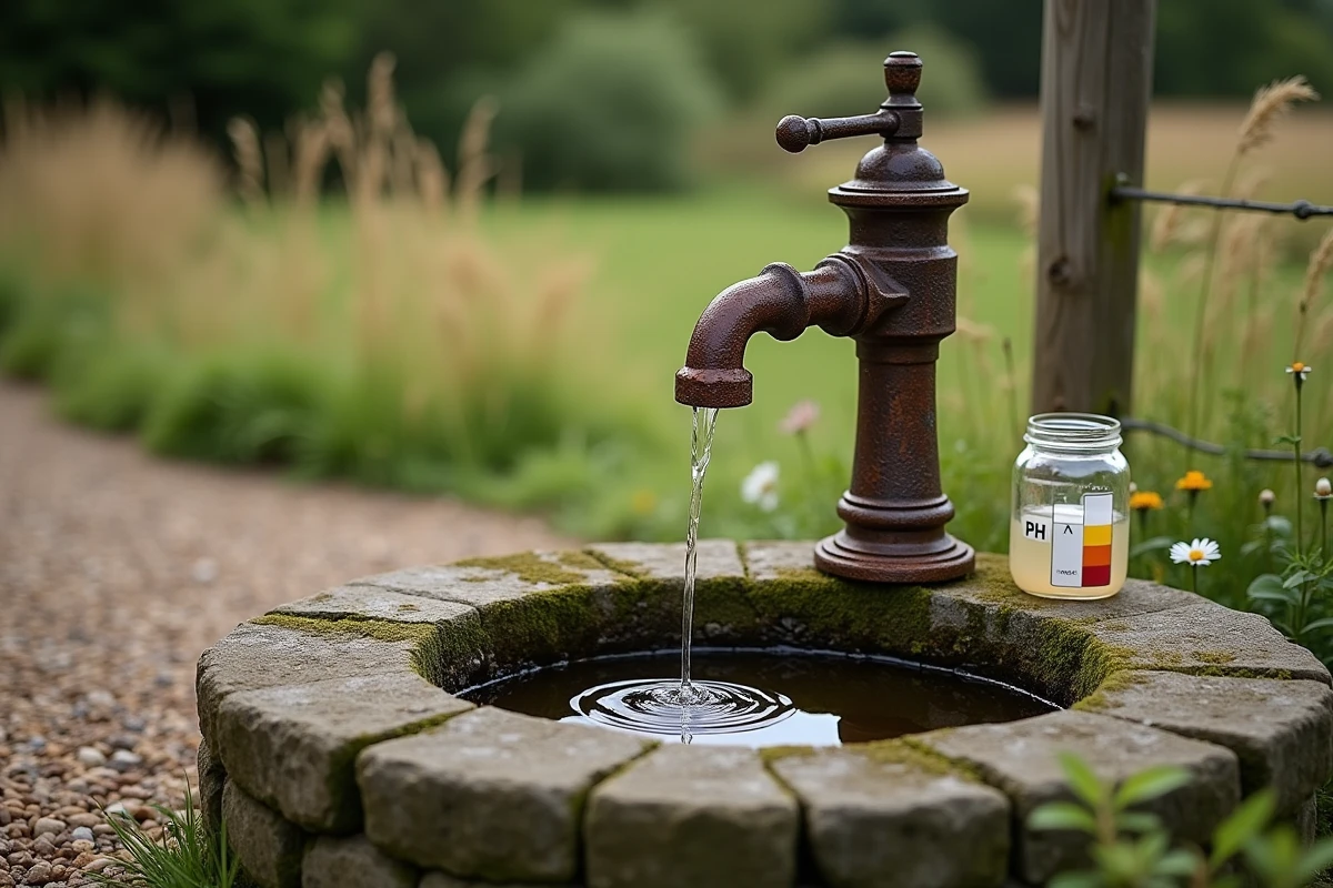 Pompe à eau de puits ancienne avec un échantillon d'eau en bocal et une carte de mesure du pH posée sur la margelle en pierre