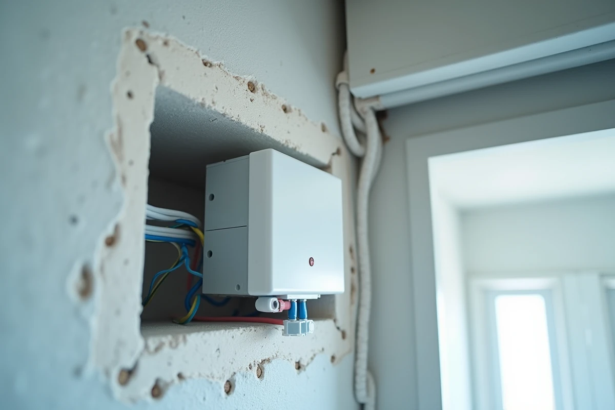 Récepteur Somfy RTS installé dans le coffre d'un volet roulant avec câblage visible pour intégration domotique
