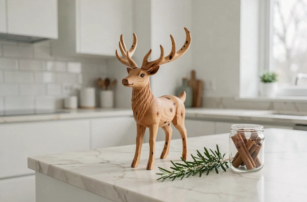 Renne de Noël en bois sculpté posé sur un plan de travail en marbre avec épices et romarin frais dans une cuisine moderne