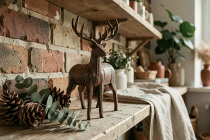 Renne de Noël décoratif en métal brut posé sur une étagère en bois rustique avec pommes de pin et eucalyptus séché