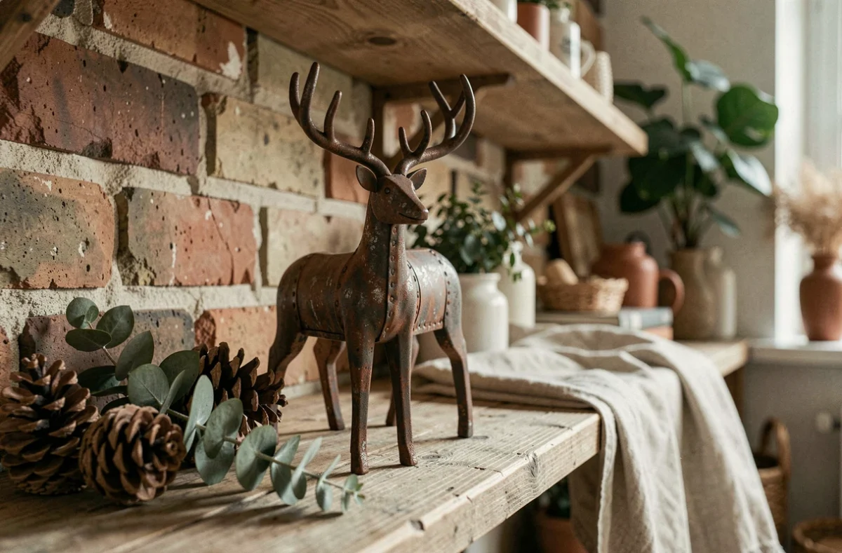 Renne de Noël décoratif en métal brut posé sur une étagère en bois rustique avec pommes de pin et eucalyptus séché