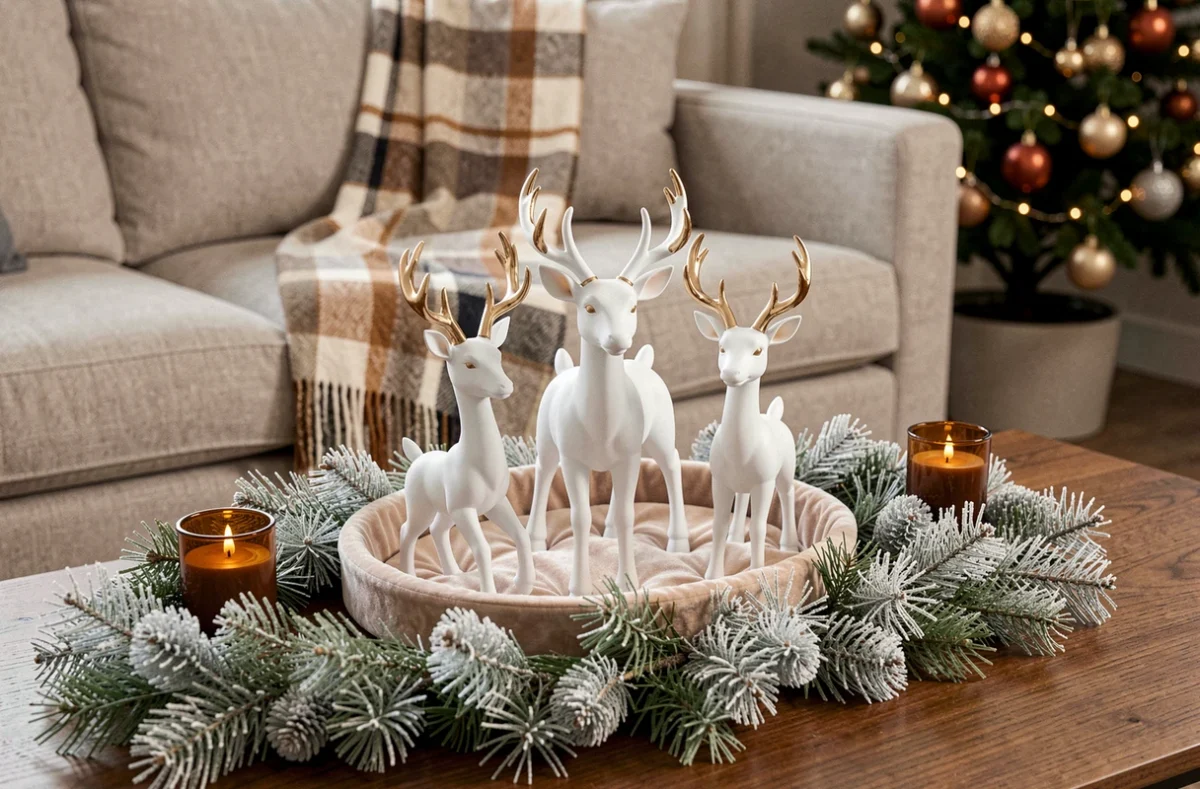 Trio de rennes de Noël en résine blanche et dorée disposés sur un plateau en velours avec garland de sapin et bougeoirs en verre ambré