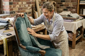 Femme en tablier de lin rénovant un fauteuil Voltaire en velours teal dans un atelier artisanal avec murs en briques apparentes