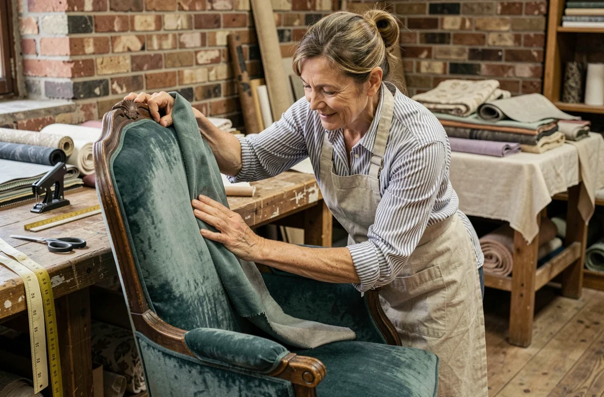 Femme en tablier de lin rénovant un fauteuil Voltaire en velours teal dans un atelier artisanal avec murs en briques apparentes
