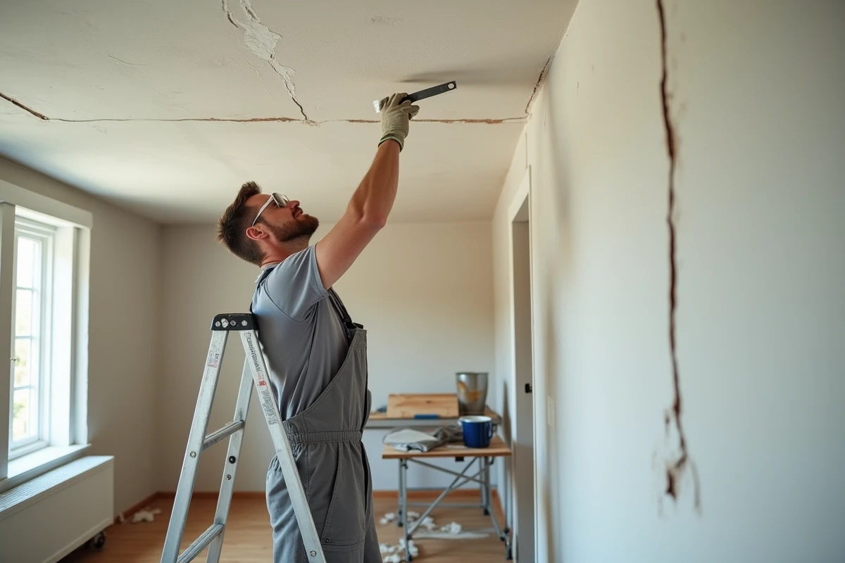 Artisan en salopette grise appliquant de l'enduit sur une fissure de plafond en montant sur un escabeau dans un salon en rénovation