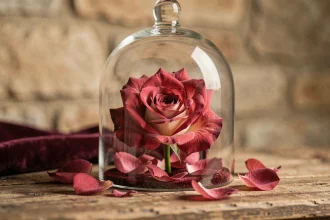 Rose enchantée sous cloche en verre style La Belle et la Bête posée sur une surface en bois rustique avec pétales tombés