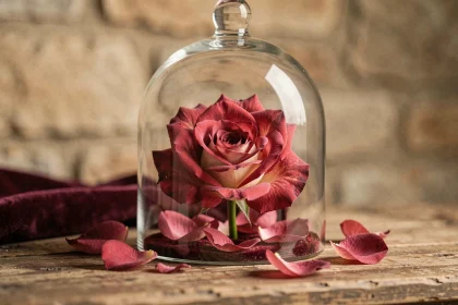 Rose enchantée sous cloche en verre style La Belle et la Bête posée sur une surface en bois rustique avec pétales tombés