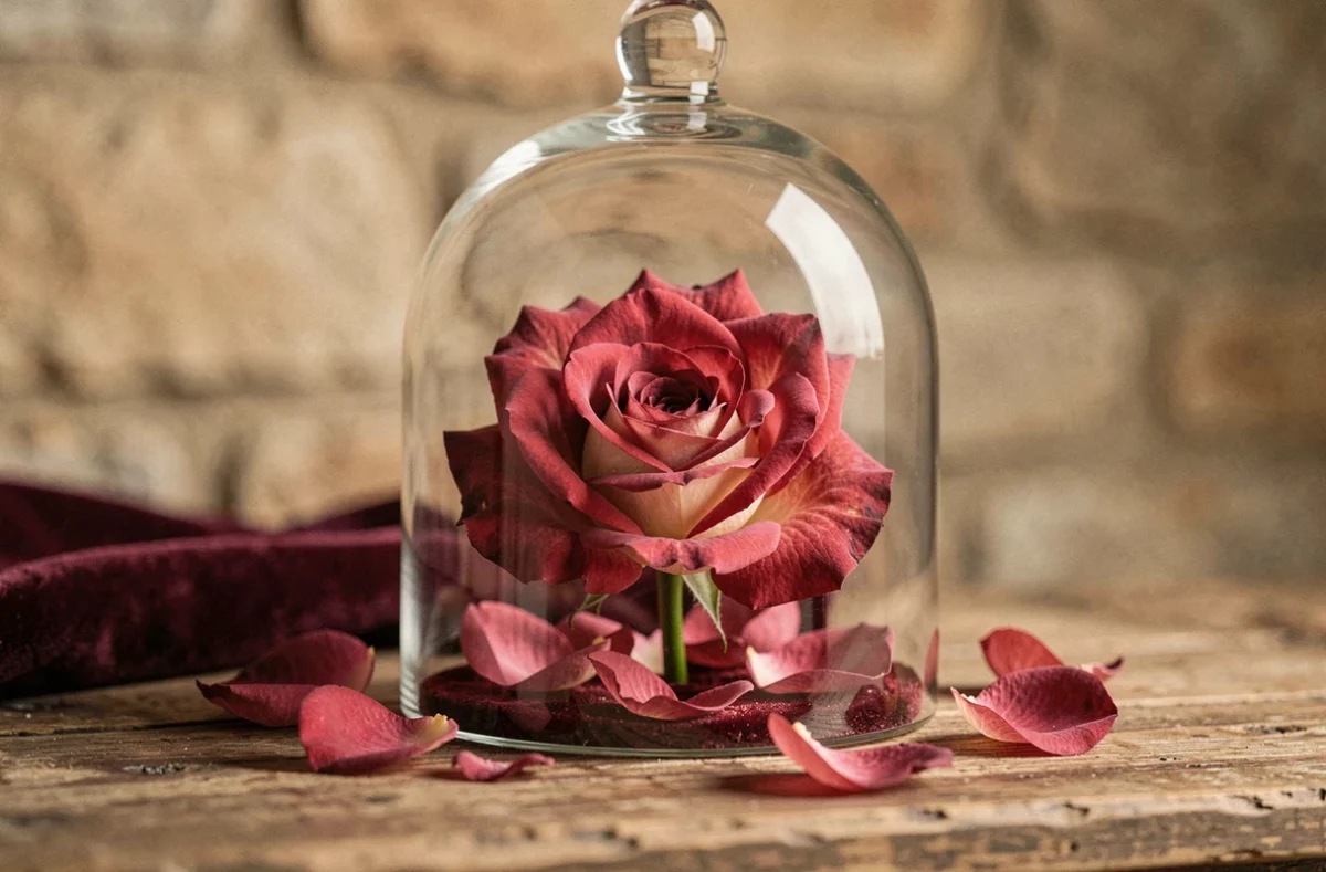 Rose enchantée sous cloche en verre style La Belle et la Bête posée sur une surface en bois rustique avec pétales tombés