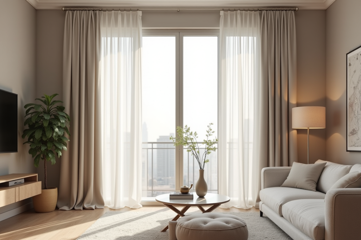 Salon moderne avec grande fenêtre et rideaux élégants