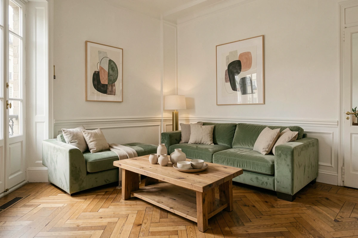 Salon rénové et décoré par un décorateur d'intérieur à Lyon avec canapé velours et parquet en chevrons