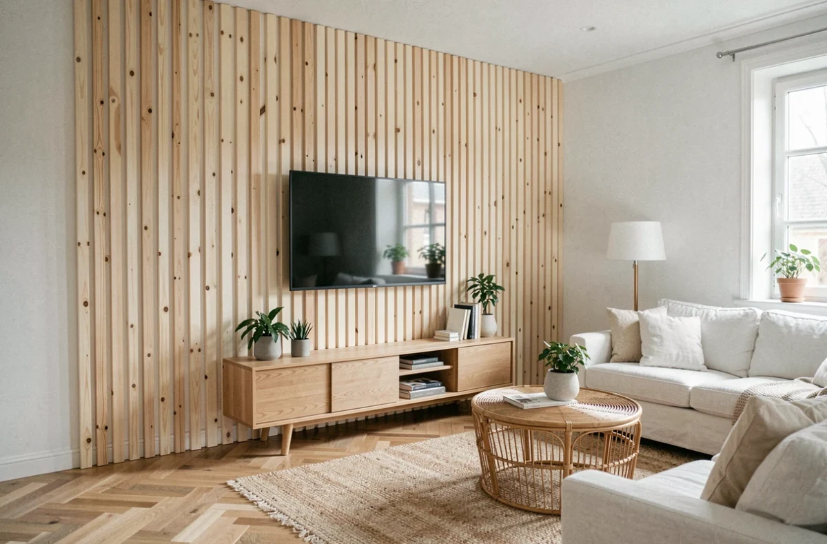 Salon scandinave avec mur TV en tasseaux de pin clair fait maison et meuble bas en bois
