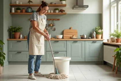 Femme utilisant une serpillière essoreuse écologique sur carrelage de cuisine propre avec seau presseur