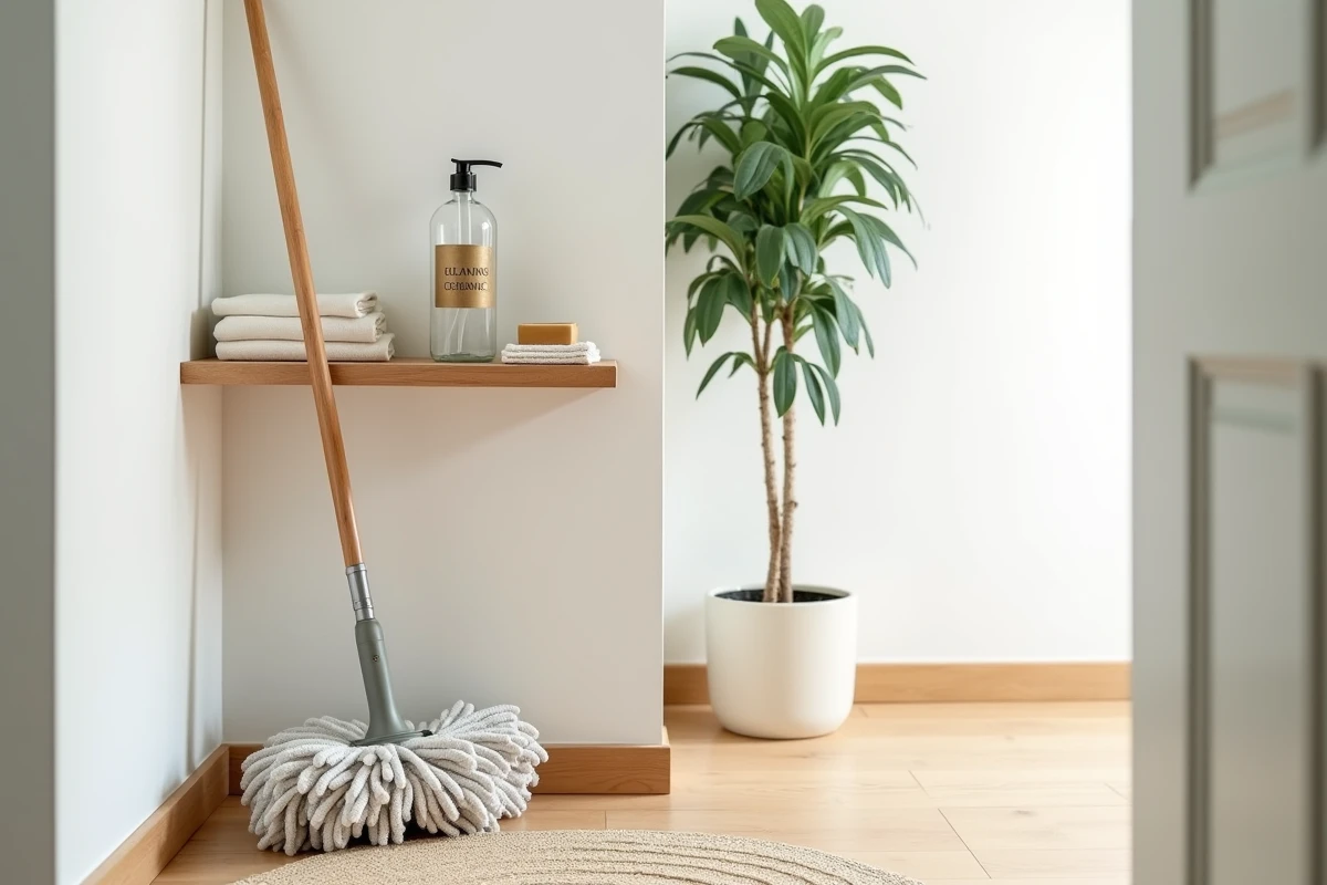 Serpillière essoreuse écologique rangée dans une entrée minimaliste avec produits ménagers naturels zéro déchet