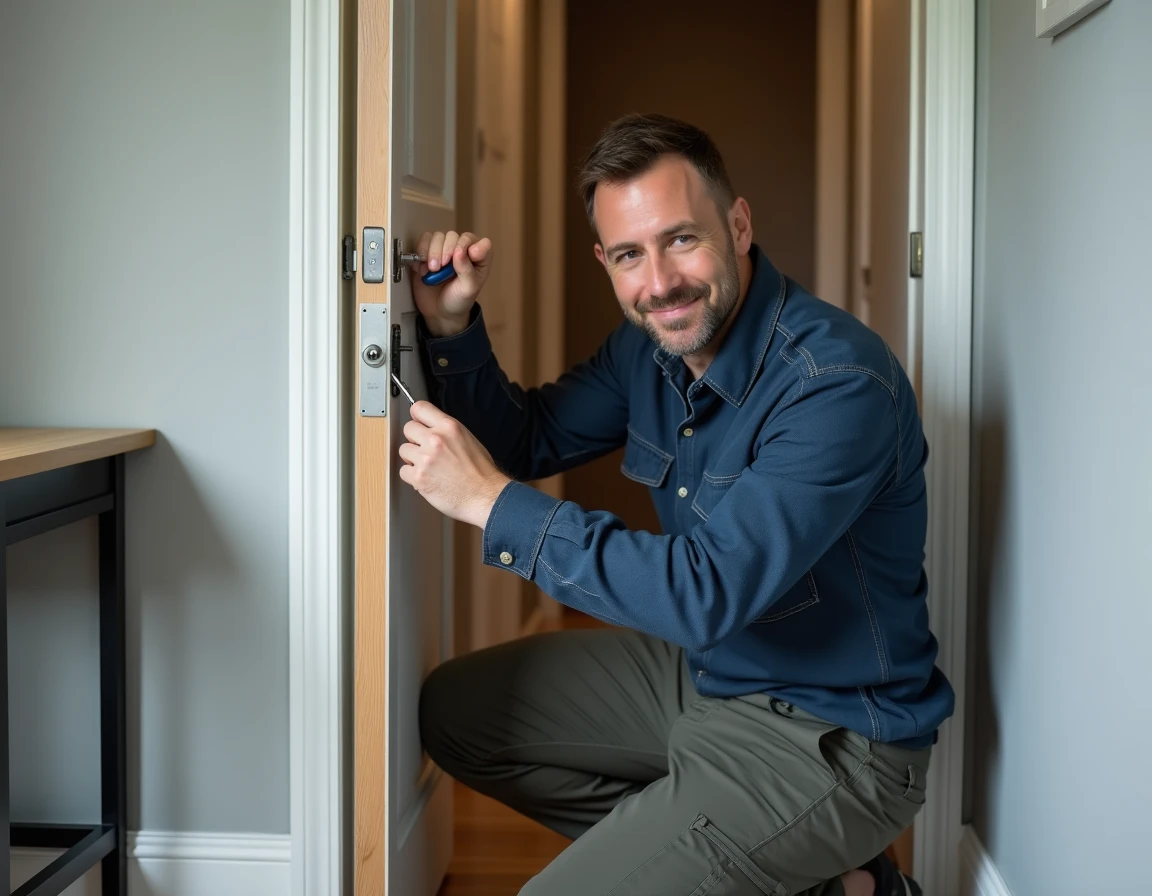 Serrurier professionnel réglant une gâche de porte dans un couloir d'appartement moderne