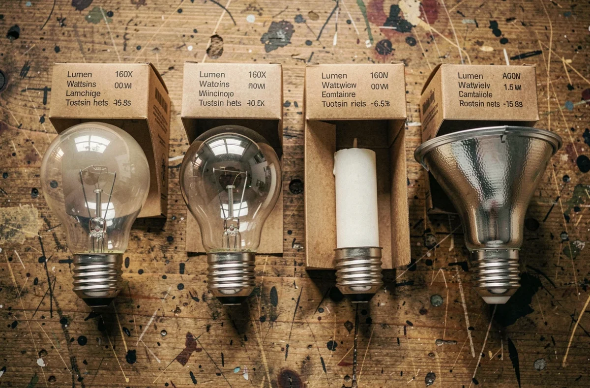 Vue à plat de quatre ampoules différentes avec leurs emballages affichant la consommation en watts et l'équivalence en lumens sur une table en bois