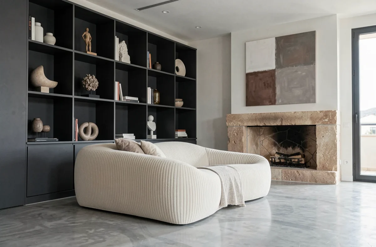 Appartement urbain haut de gamme aménagé par Tagomago à Montpellier avec joinery anthracite, sol en résine et tableau abstrait au-dessus d'une cheminée en pierre