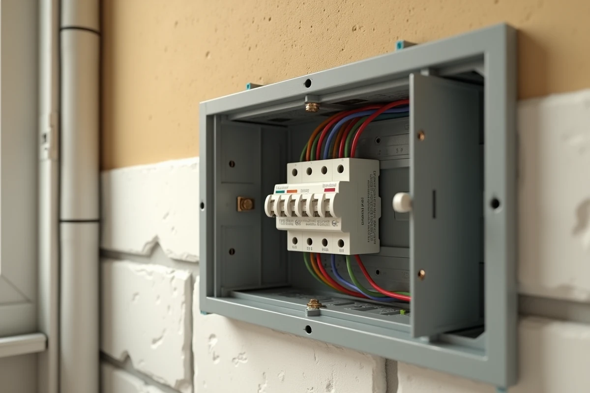 Intérieur d'un boîtier électrique ouvert montrant un télérupteur Legrand câblé avec des fils colorés et un interrupteur poussoir adjacent