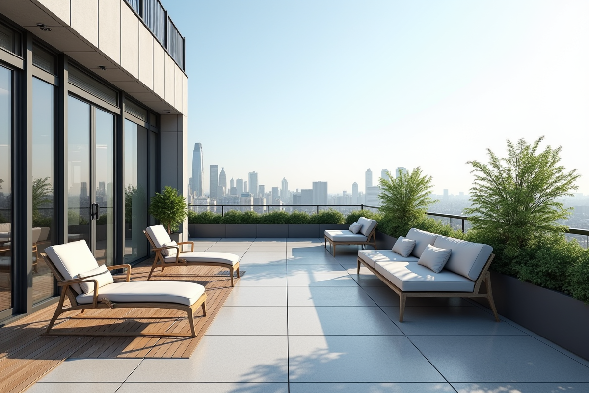 Terrasse sur le toit avec mobilier moderne et vue urbaine