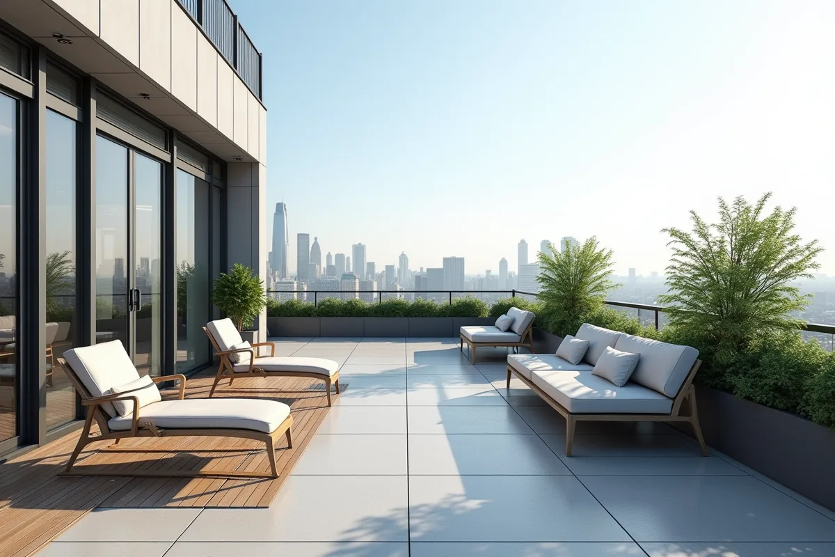 Terrasse sur le toit avec mobilier moderne et vue urbaine