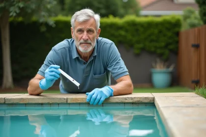 Homme testant l'alcalinité de l'eau d'une piscine de jardin avec une bandelette de test chimique