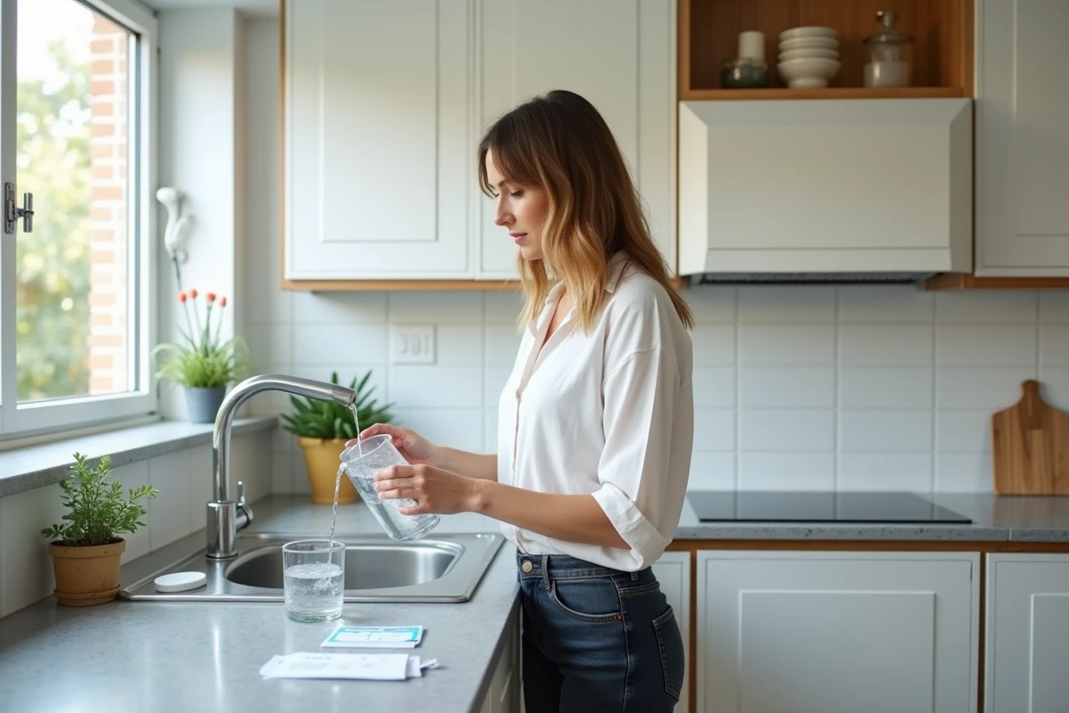 Femme remplissant un pichet d'eau du robinet pour tester l'alcalinité de l'eau de réseau à domicile