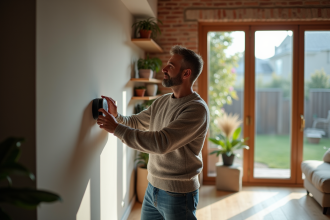 Homme d'âge moyen inspectant un thermostat intelligent dans un salon moderne