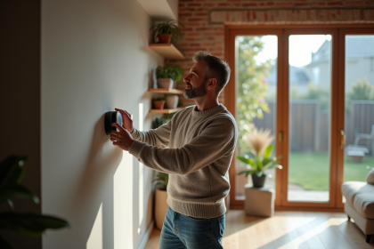 Homme d'âge moyen inspectant un thermostat intelligent dans un salon moderne