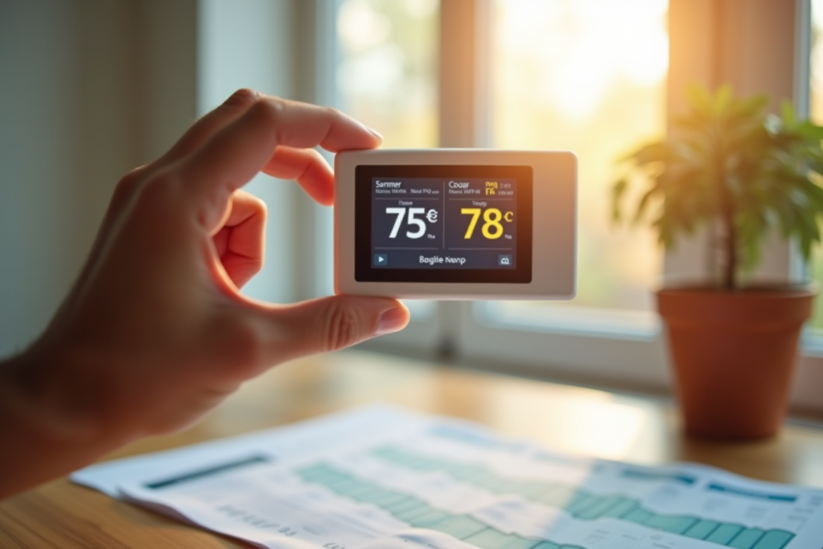 Main ajustant un thermostat digital avec facture d energie
