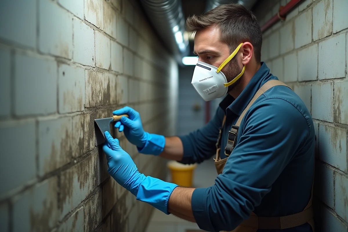 Professionnel équipé d'un masque et de gants traitant des moisissures dans une cave humide