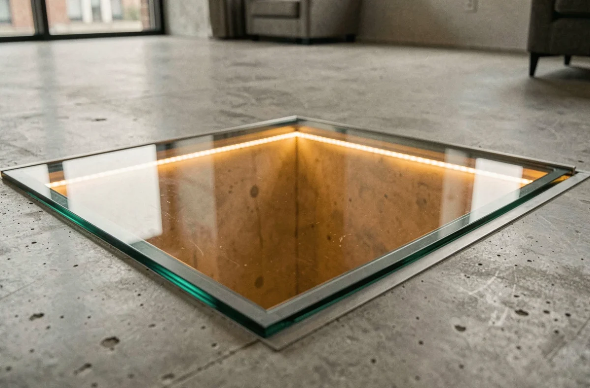 Gros plan sur une trappe en verre dans un sol en béton ciré avec puits de lumière LED vers la cave