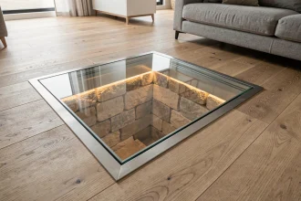 Trappe en verre affleurante intégrée dans un parquet chêne avec éclairage LED visible depuis la cave en dessous
