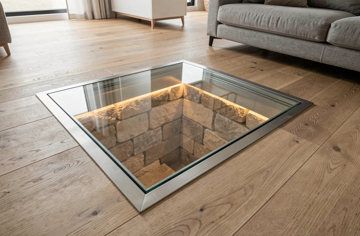 Trappe en verre affleurante intégrée dans un parquet chêne avec éclairage LED visible depuis la cave en dessous