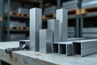 Tubes en aluminium rectangulaires de différentes dimensions posés sur béton avec un pied à coulisse, montrant la qualité de finition et les tolérances de profilés industriels
